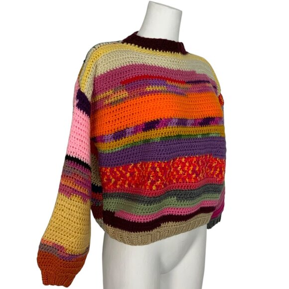 Scrap Yarn Colorful Crochet Sweater Jumper S Balloon Sleeve Crewneck Grandmacore - Picture 4 of 11
